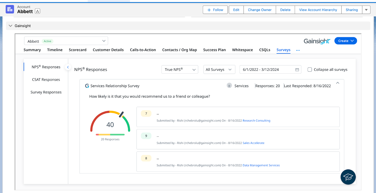 Survey tab is enabled, you can view NPS® Responses and Survey