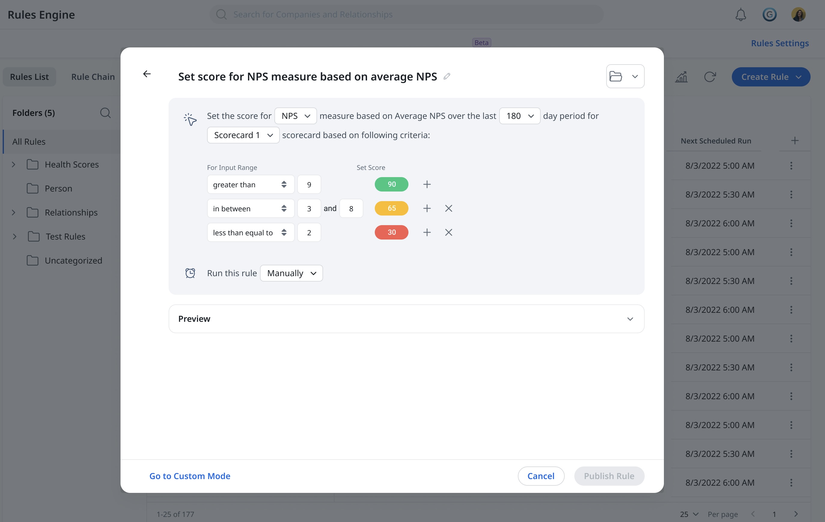 Gainsight rules engine interface configuring scores for Net Promoter Score (NPS) measure based on average NPS, with specified input ranges and set scores.