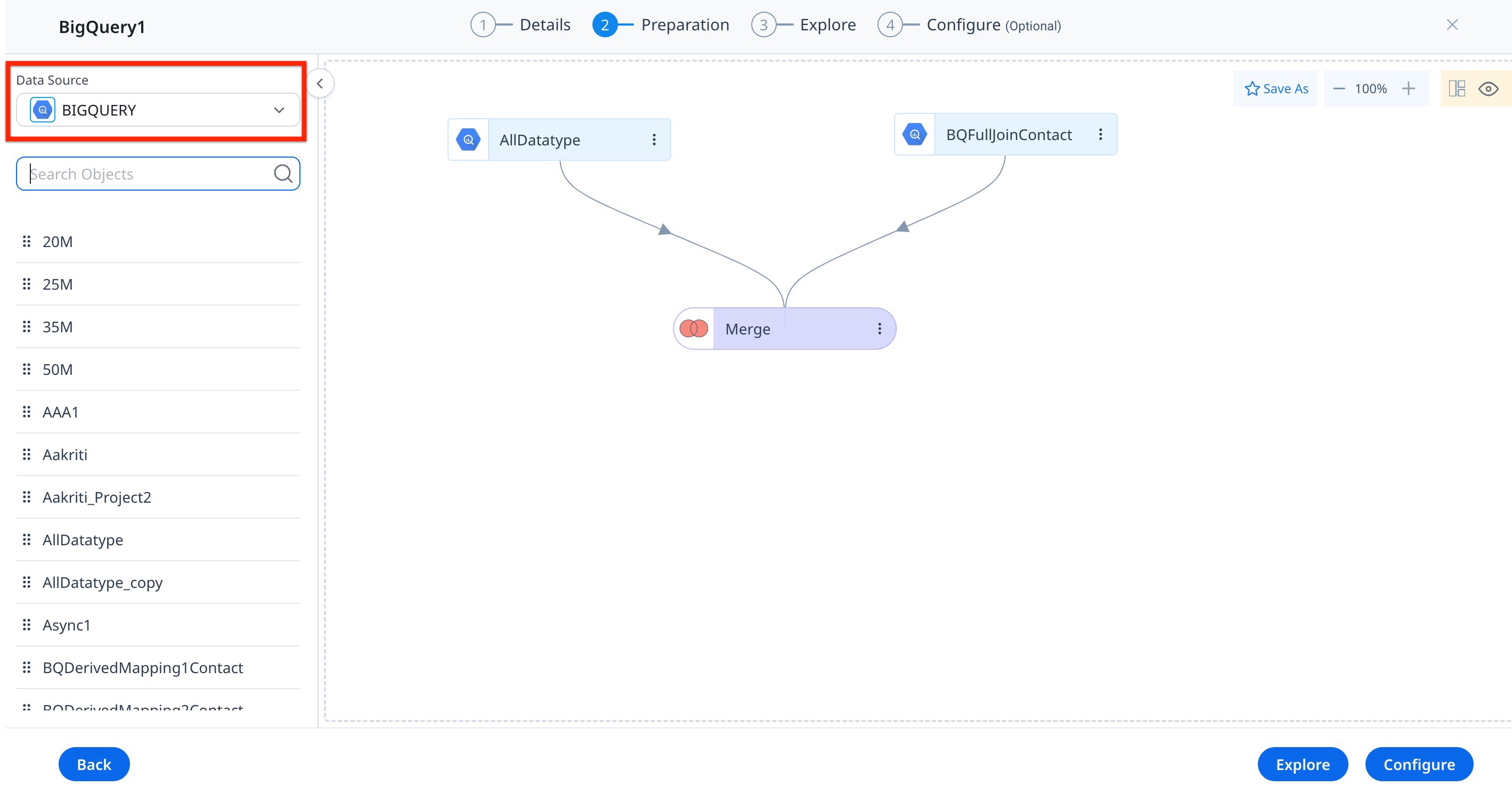 Data source selection interface in Data Designer, with BIGQUERY selected from a dropdown menu