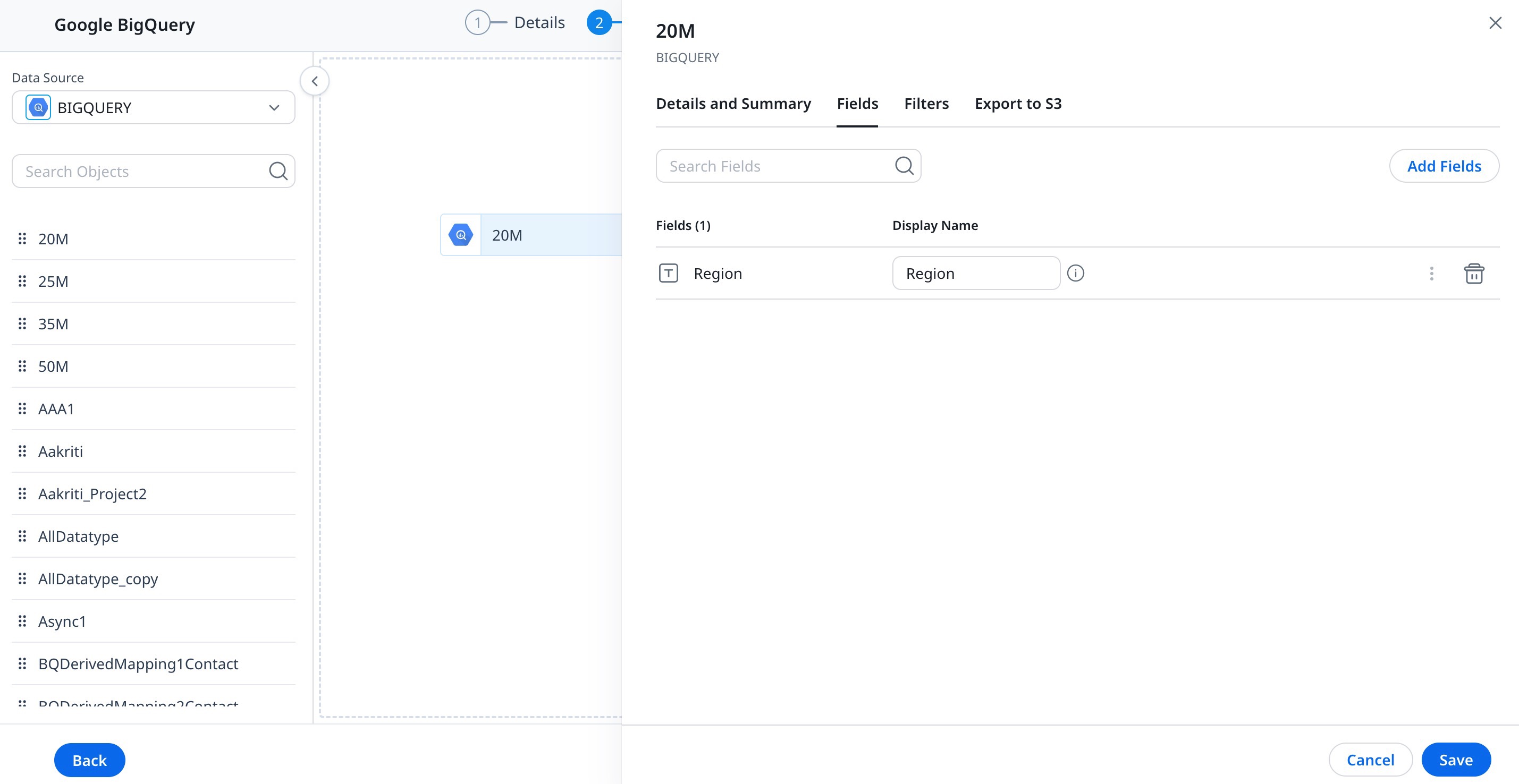 Configuration screen in Data Designer showing the 'Region' field selected for the '20M' BigQuery data source.