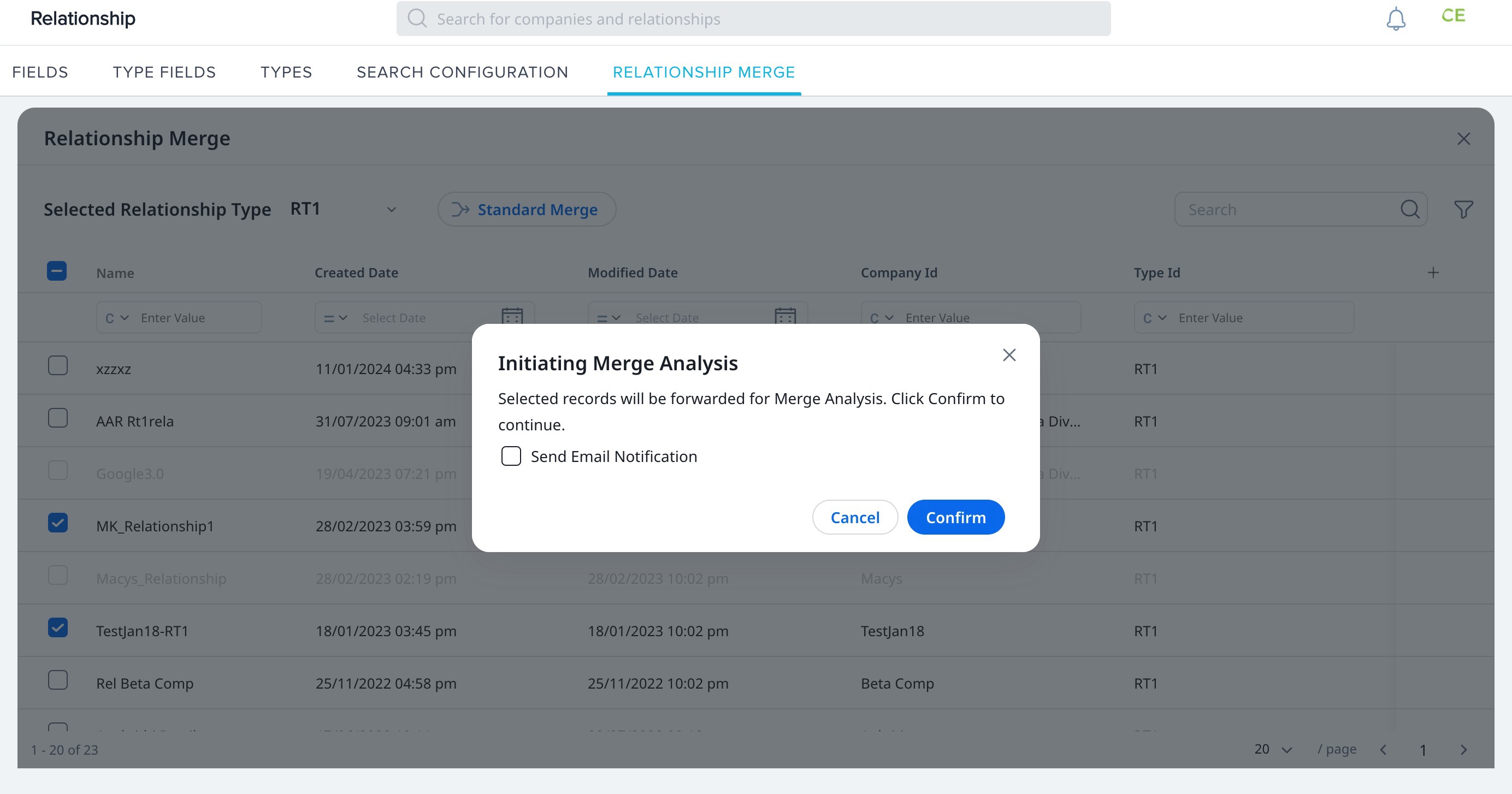 Modal dialog box titled 'Initiating Merge Analysis' with options to confirm or send email notification in a relationship management system.