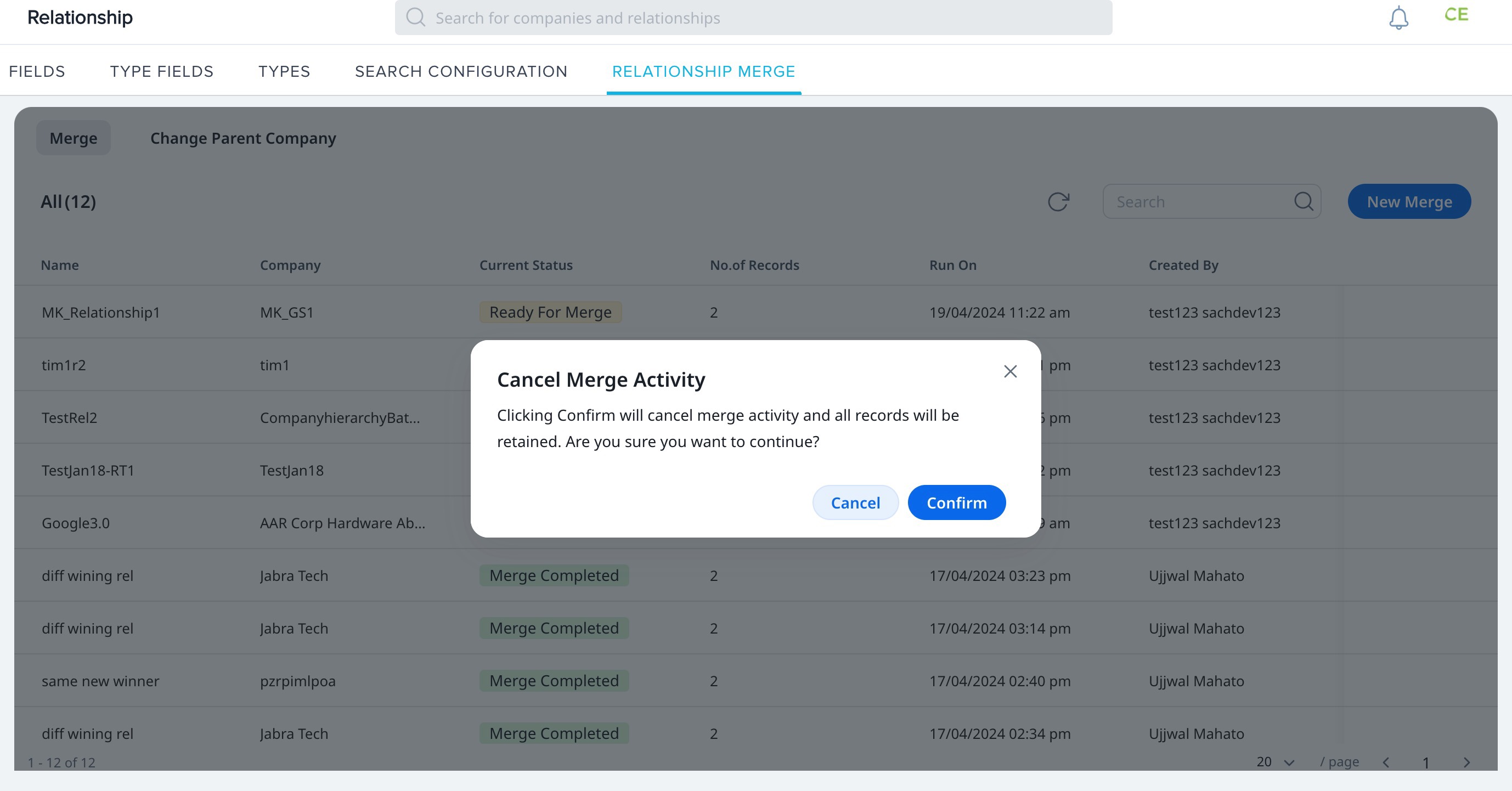 Popup confirmation dialog for cancelling a merge activity, with a clear warning and confirmation button in a relationship management interface.