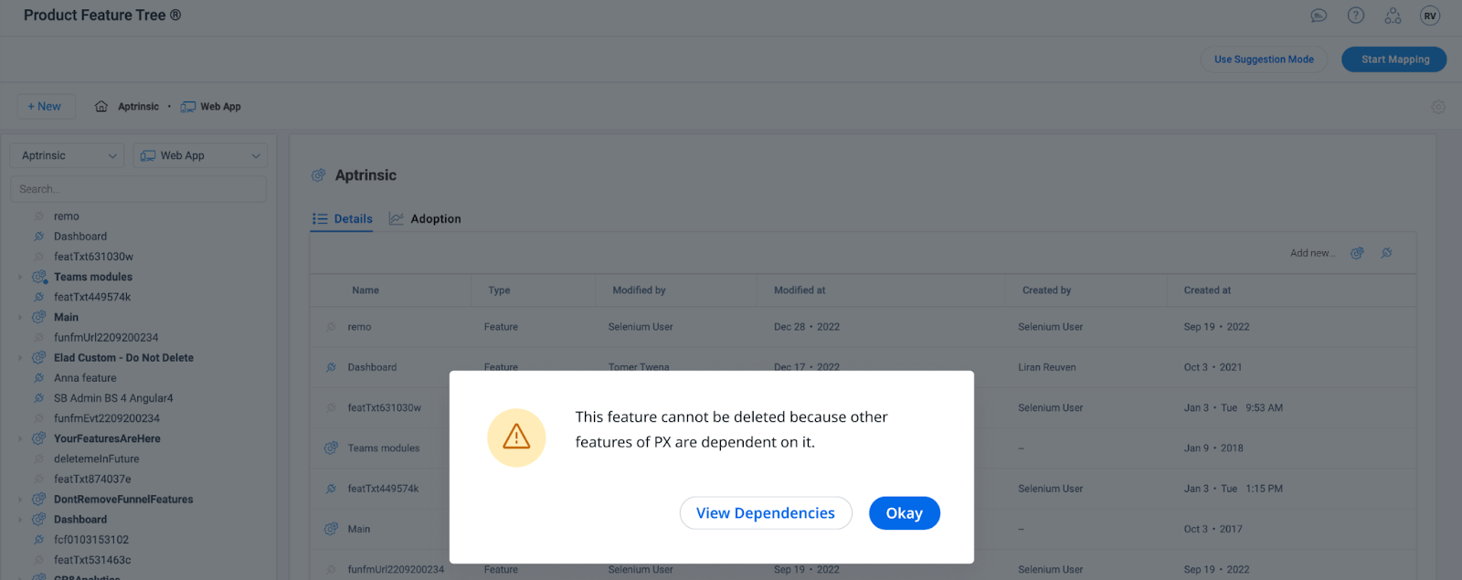 Image of the Product Feature Tree displaying a warning message 'This feature cannot be deleted because other features of PX are dependent on it.' with a 'View Dependencies' button.