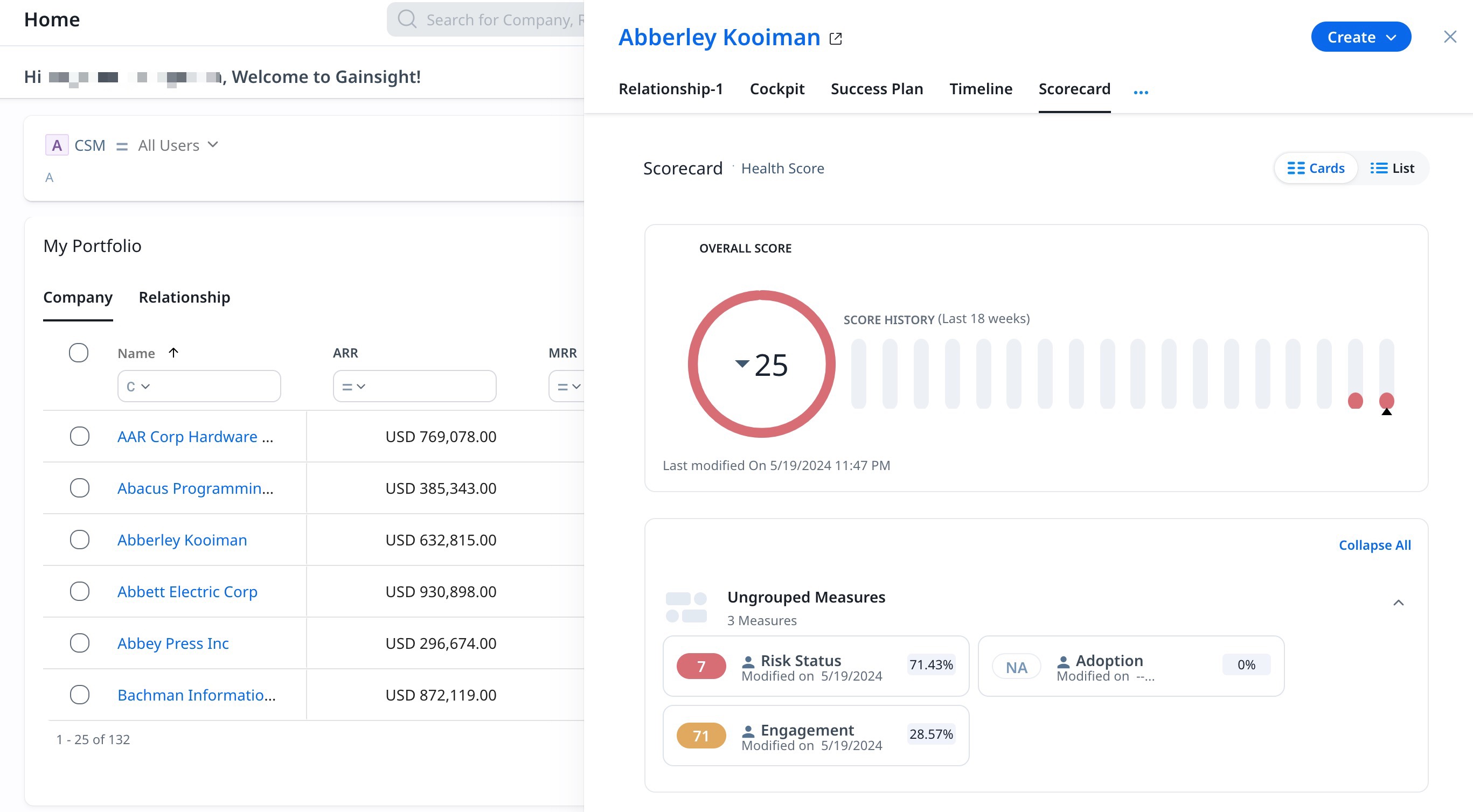 Gainsight home page showing a portfolio list of companies with ARR values and a detailed scorecard for Abberley Kooiman with health score.