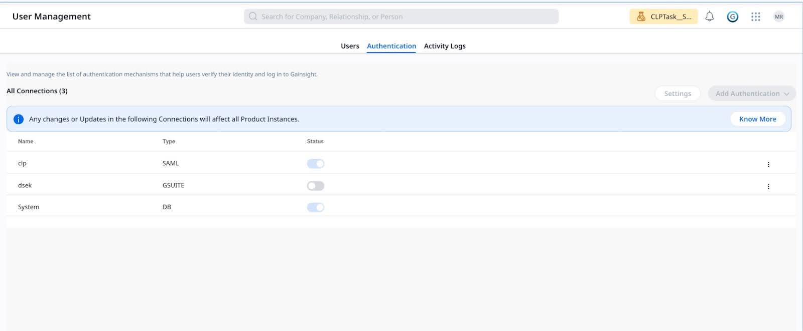 A user management dashboard displaying authentication settings with a list of connections, their types (SAML, GSUITE, DB), and their status toggles.