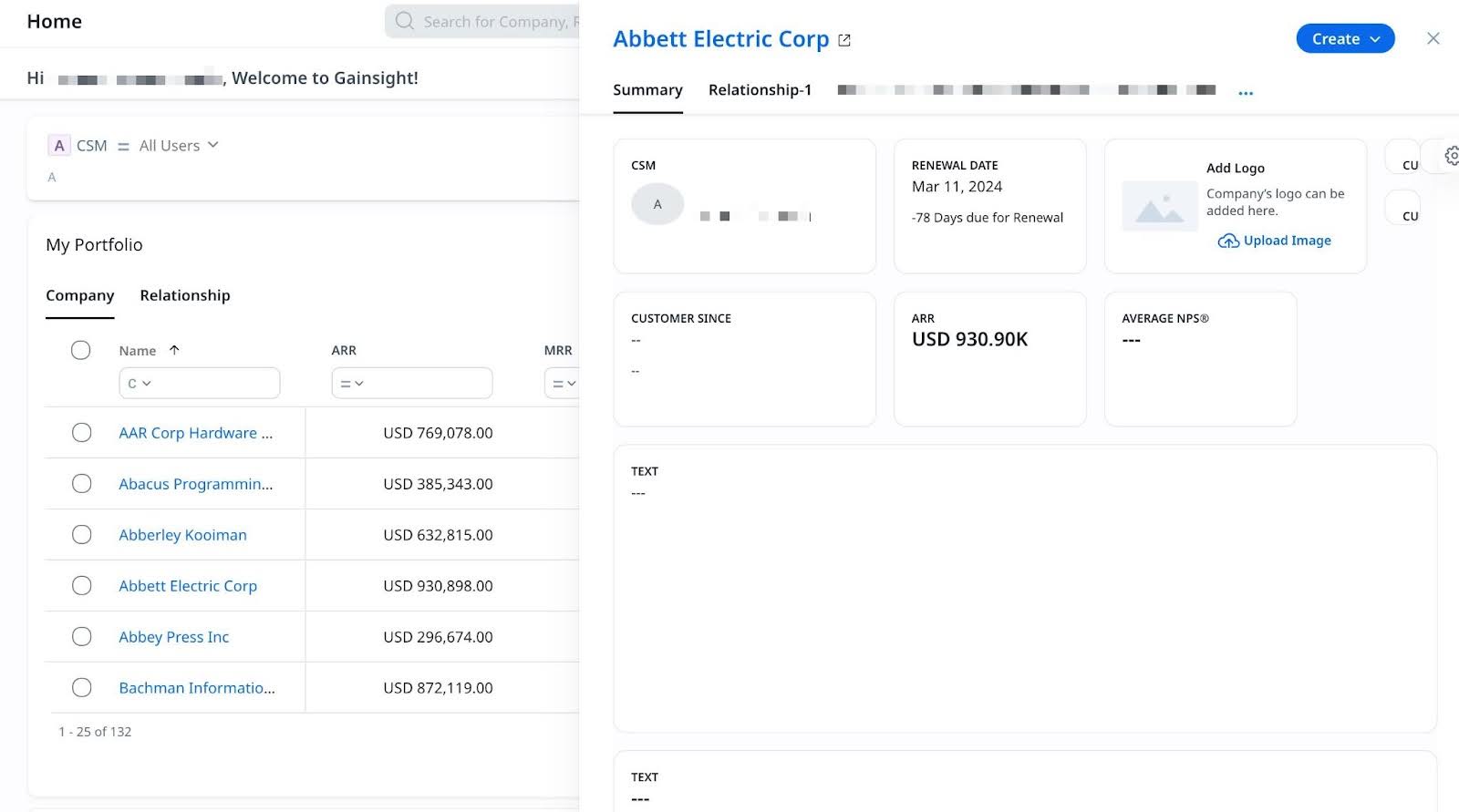 Gainsight home page with a portfolio list of companies showing ARR and a detailed summary view of Abbet Electric Corp with renewal date and ARR