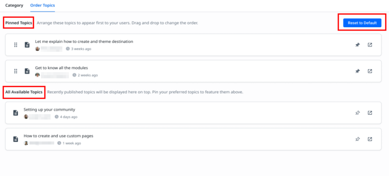 Interface to order topics within a category, showing pinned topics, available topics, and a "Reset to Default" button
