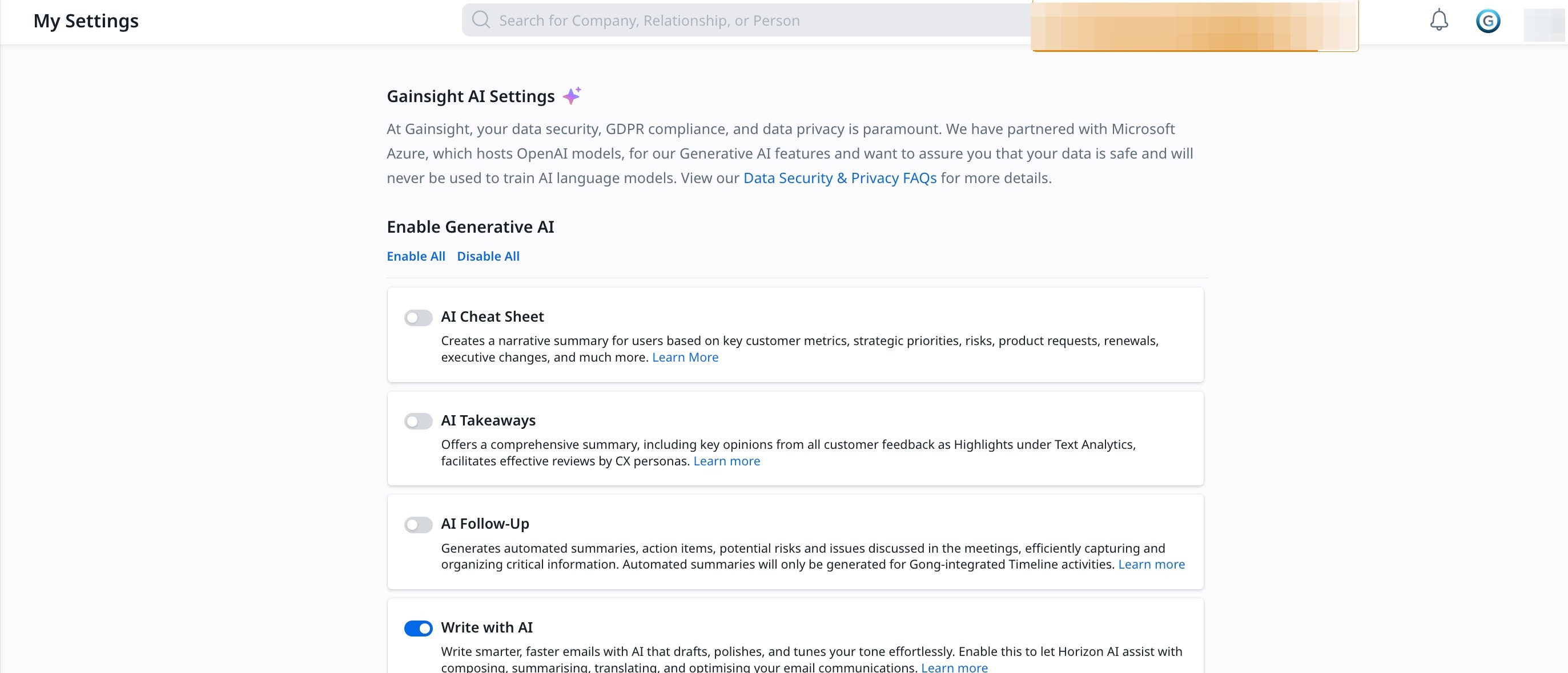 A user interface for Gainsight AI settings, featuring options to enable or disable various AI functionalities such as AI Cheat Sheet, AI Takeaways, AI Follow-Up, and Write with AI