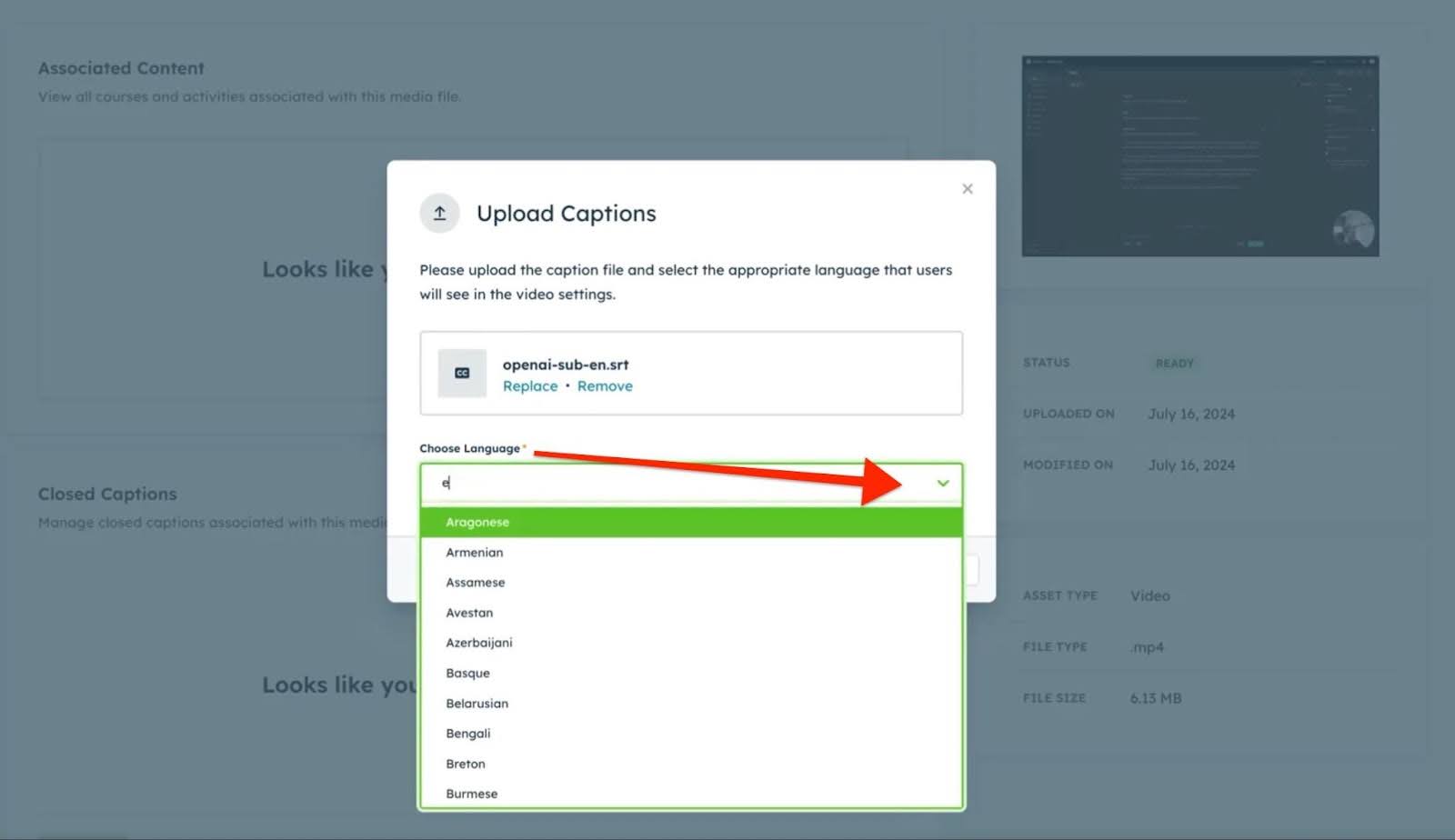 A user interface for uploading and configuring closed captions for a video, showing an uploaded .srt caption file and a dropdown menu for selecting the language of the captions