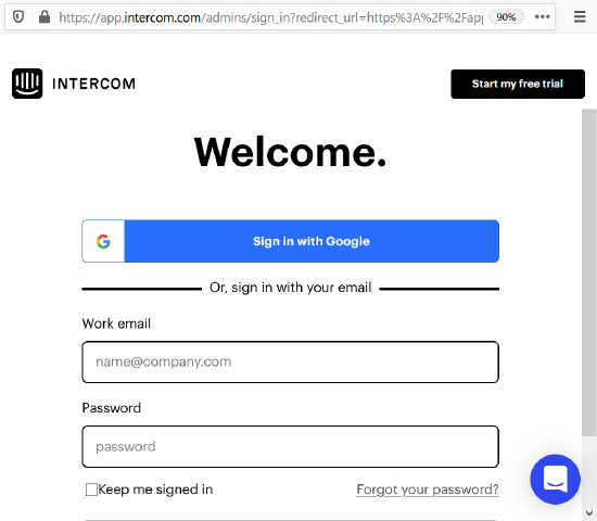 Intercom login page with options to sign in with Google or email, including fields for work email, password, and keep me signed in checkbox