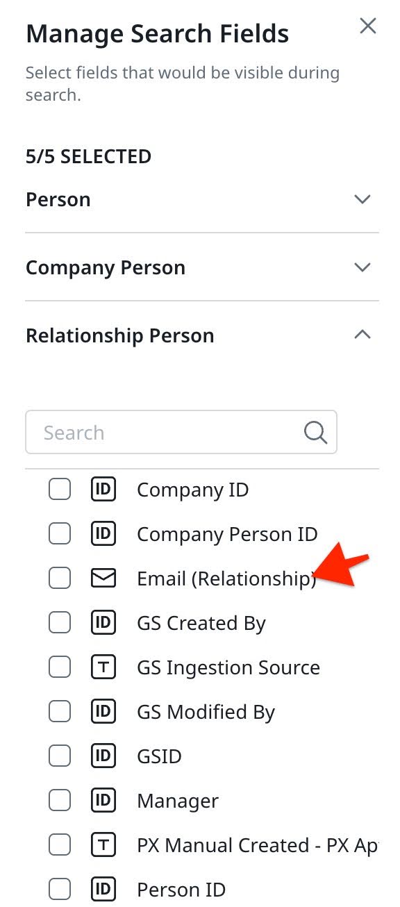 User interfaces for managing search fields, showing selections for "Email (Relationship)" and "Email (Company)" among other options, allowing customization of visible fields during searches.