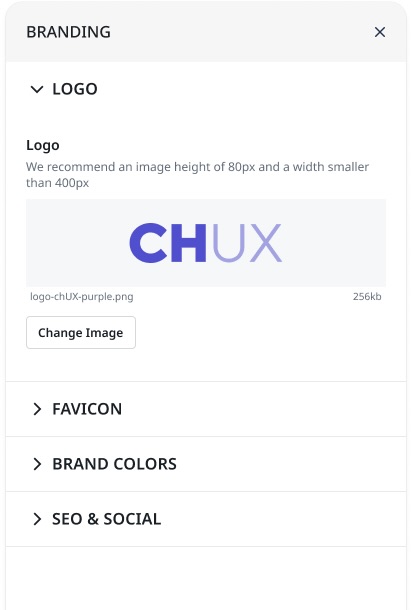 Branding elements widget with options to configure Logo, Favicon, Brand Colors, and SEO and Social options