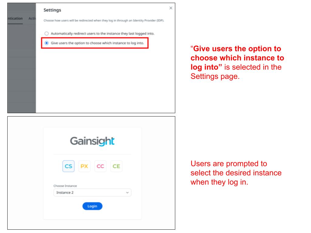 Settings page with the option "Give users the option to choose which instance to log into" selected. And the Login page prompting users to select an instance from a dropdown menu