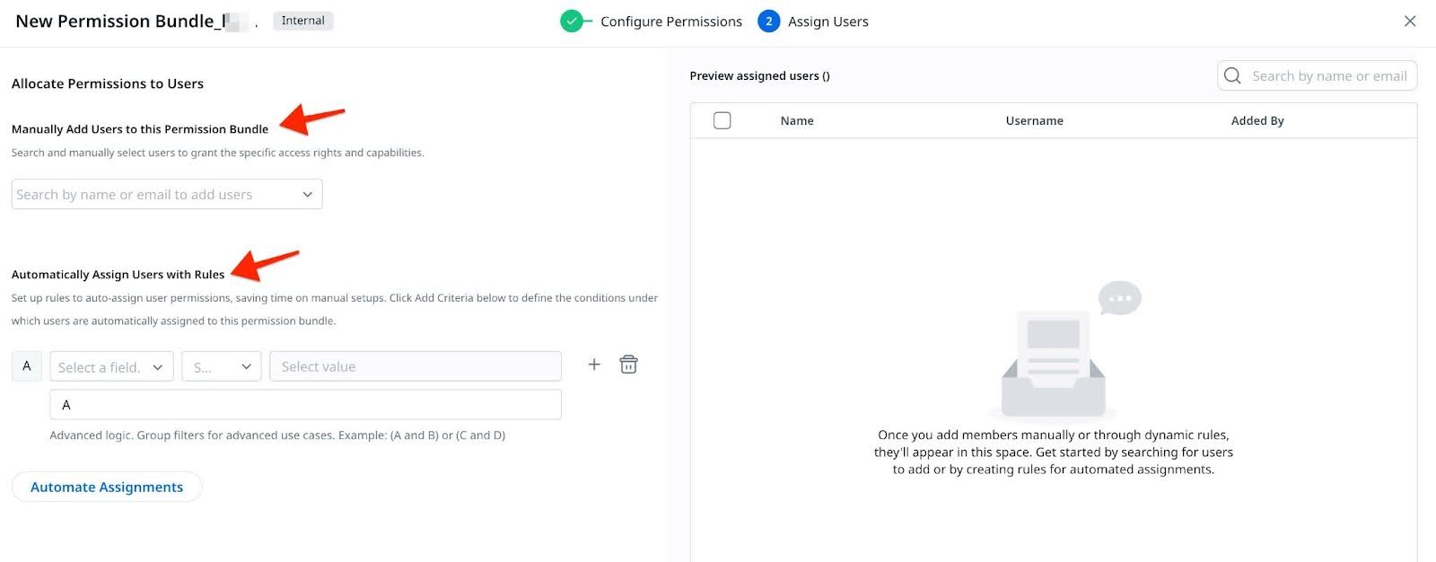 A user interface for assigning users to a new permission bundle in Gainsight, showing options to manually add users by name or email, and to automatically assign users with rules based on specific criteria