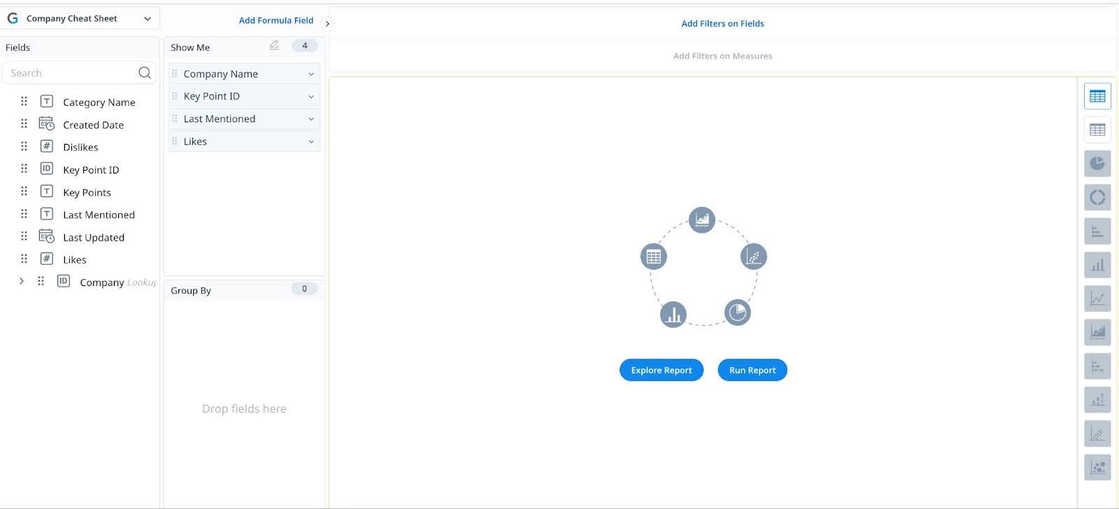 A user interface for creating a report in Gainsight, showing available fields like Company Name, Key Points, and Last Mentioned, with options to add filters, group fields, and buttons to explore or run the report