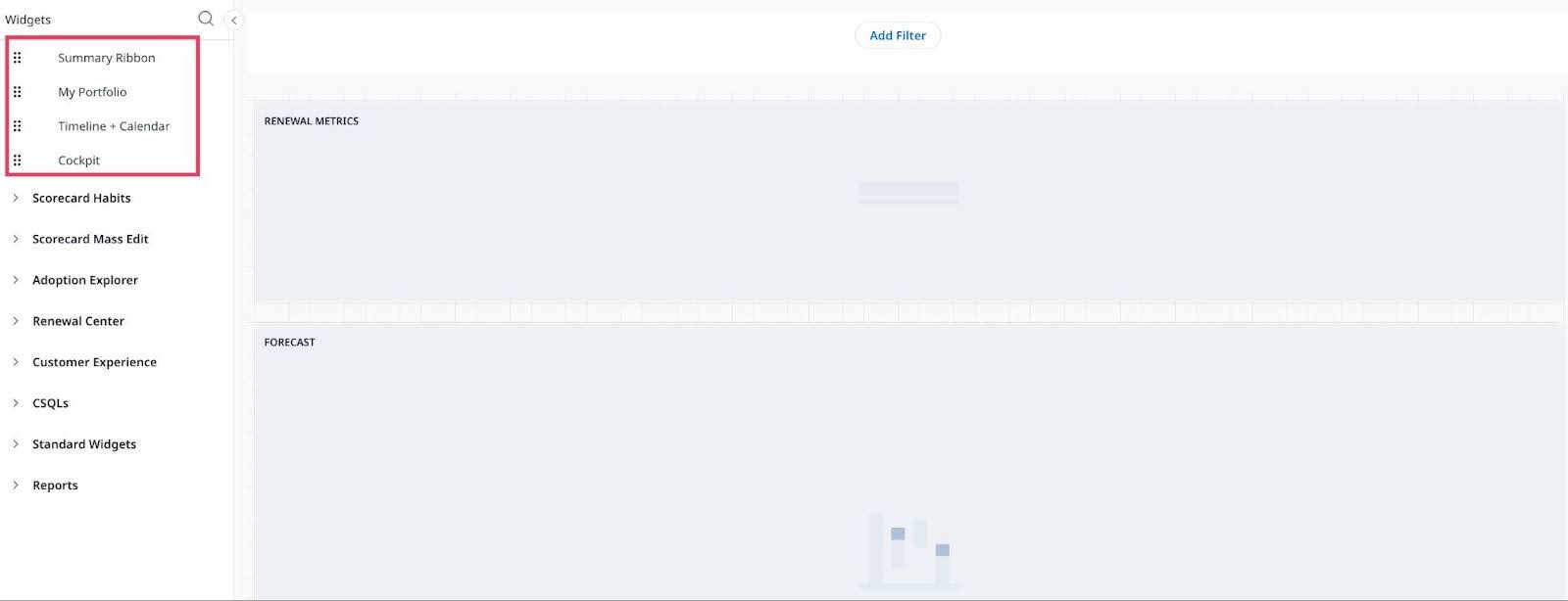 A Gainsight interface showing a list of widgets such as Summary Ribbon, My Portfolio, Timeline + Calendar, and Cockpit, with sections for Renewal Metrics and Forecast displayed on the main panel.