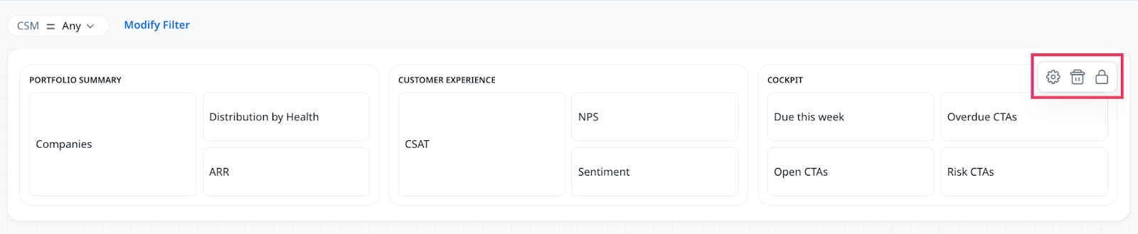 Gainsight interface showing the "Summary Ribbon" configuration with segments for Portfolio Summary, Customer Experience, and Cockpit, each with various metrics displayed. Icons for settings, layout modification, and data refresh are highlighted in the upper right corner.