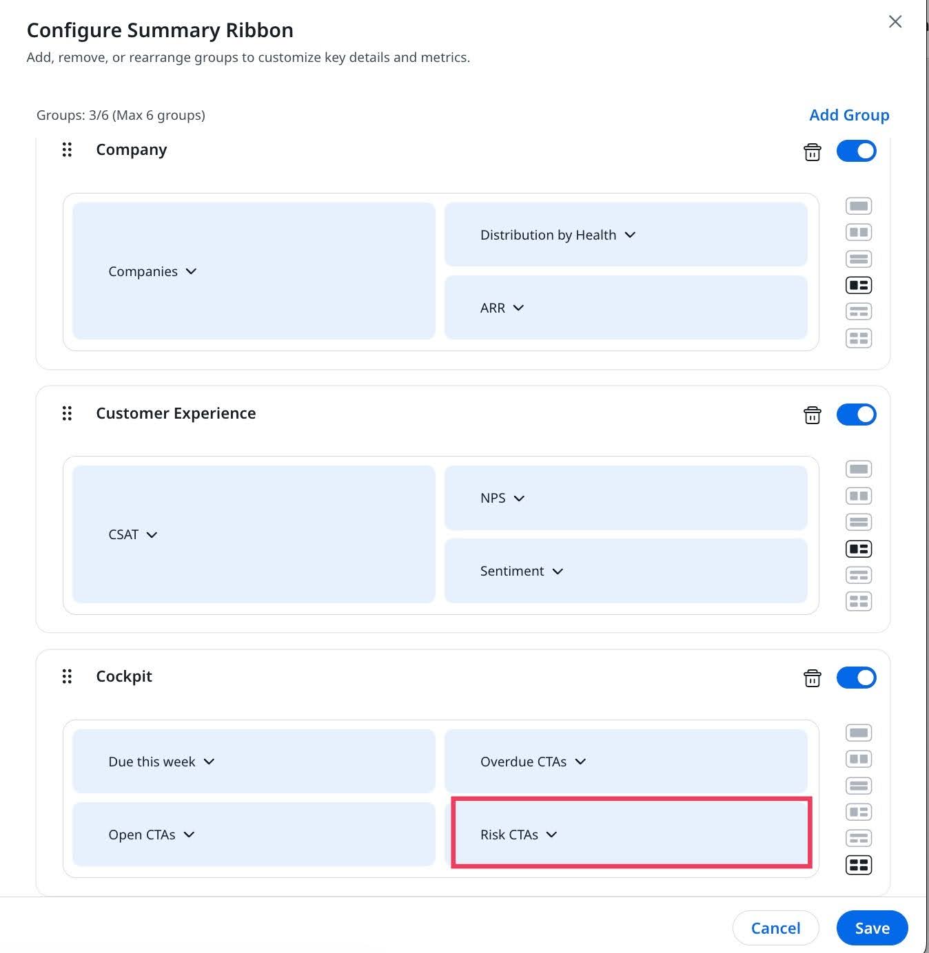 Configure Summary Ribbon interface displaying three groups: 'Company,' 'Customer Experience,' and 'Cockpit.' The 'Cockpit' group has 'Risk CTAs' highlighted, with options to add, remove, or rearrange key metrics