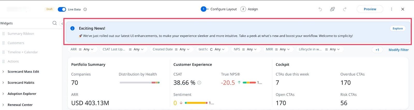 Migration Plan for Admins.jpgDashboard with a notification banner announcing UI enhancements, including an 'Explore' button for more information. The dashboard displays Portfolio Summary, Customer Experience, and Cockpit metrics