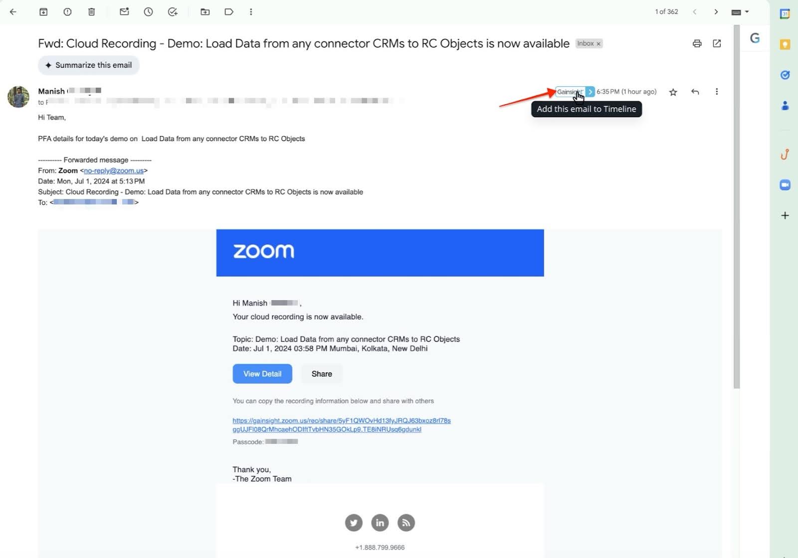 Email interface displaying a forwarded Zoom recording link. A Gainsight icon in the top-right corner of the email has been highlighted with a tooltip showing 'Add this email to Timeline'