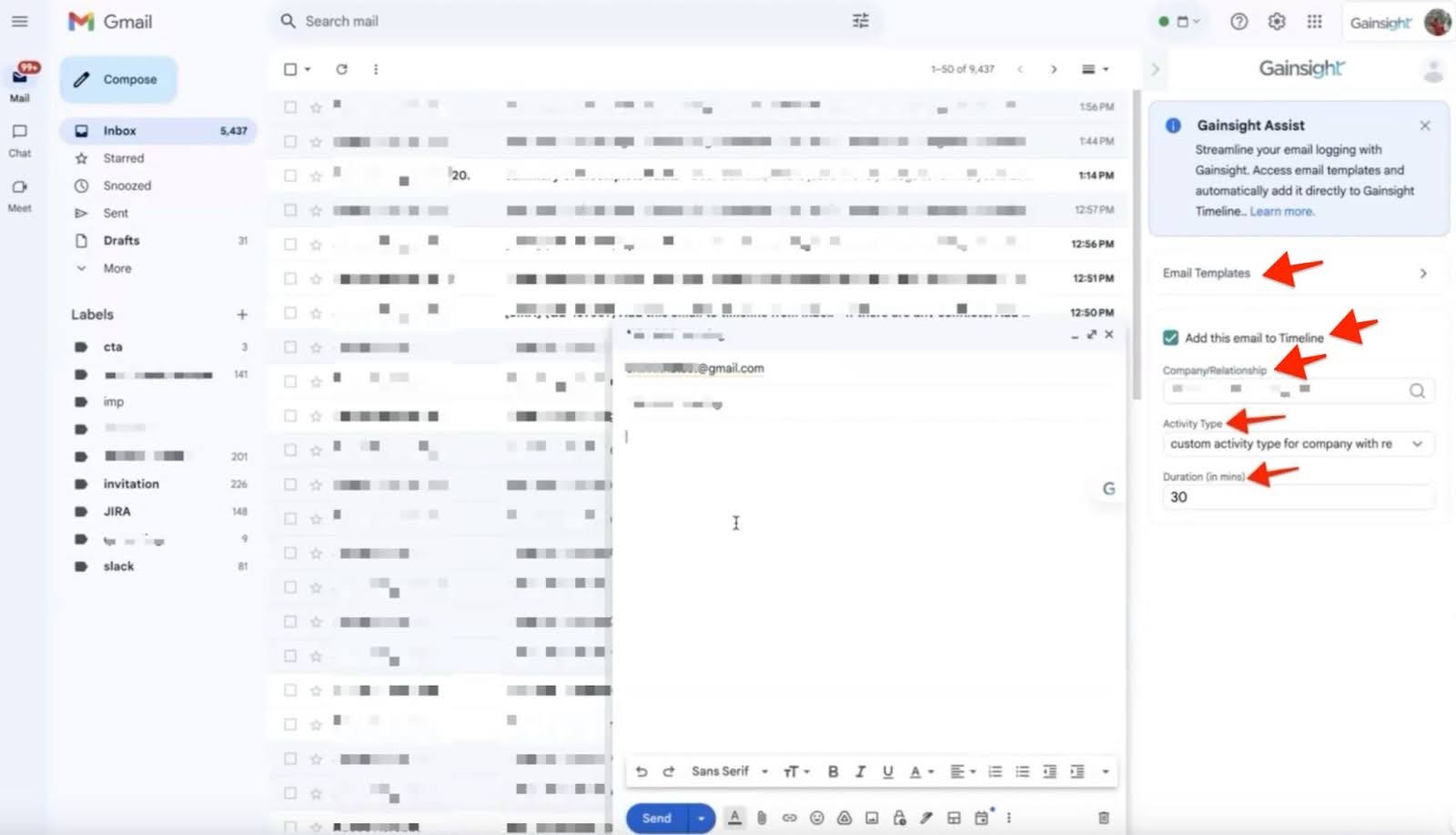 Gmail interface with a new email being composed. The Gainsight Assist sidebar is visible, highlighting options