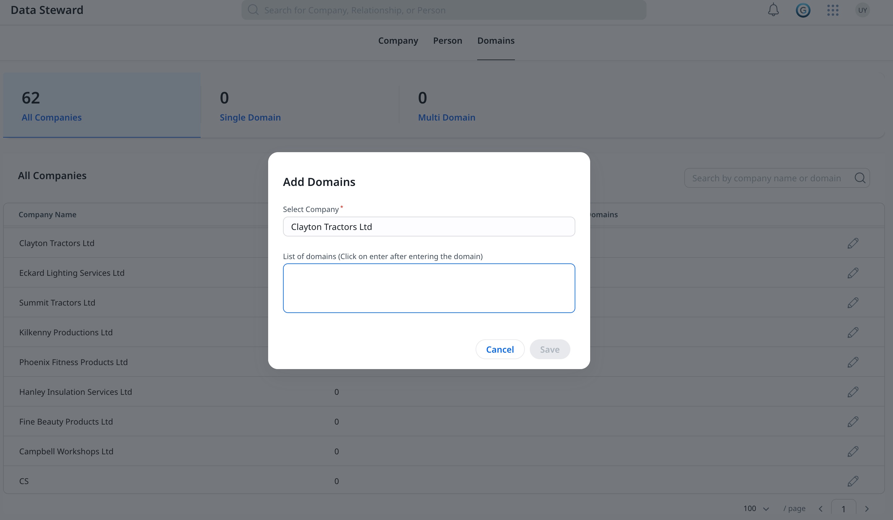 Add domains pop-up for Clayton Tractors Ltd, allowing users to enter and save a list of domains within the data steward dashboard