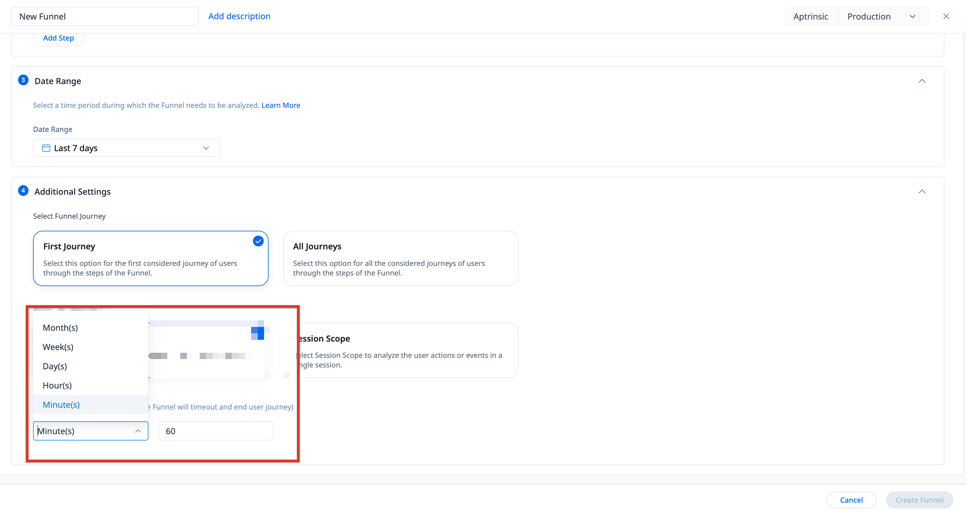 Screenshot of the Create Funnels screen, with the Timeout Value options highlighted. 