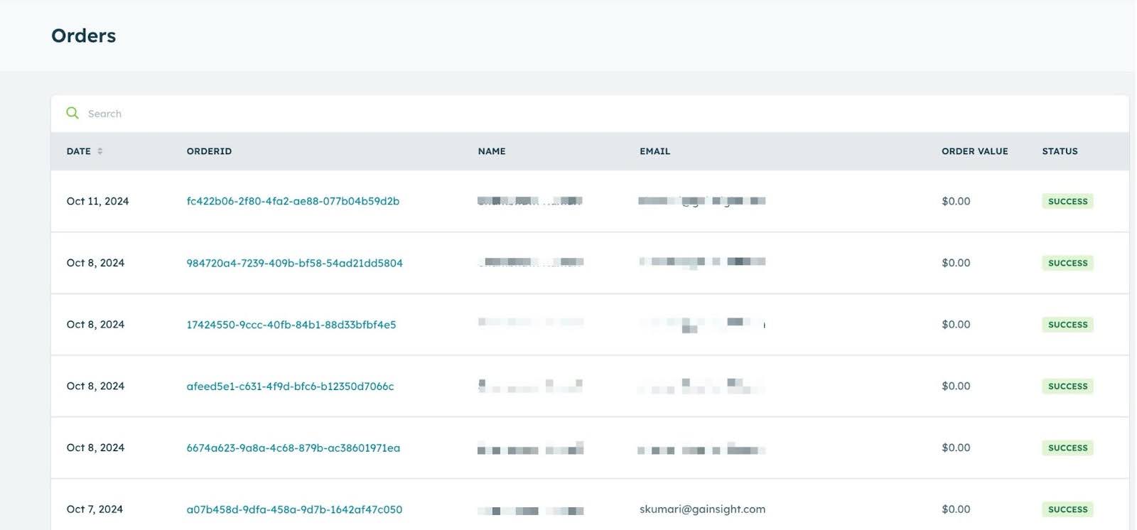 Orders list showing dates, order IDs, customer names, emails, order values, and statuses, with all orders marked as successful