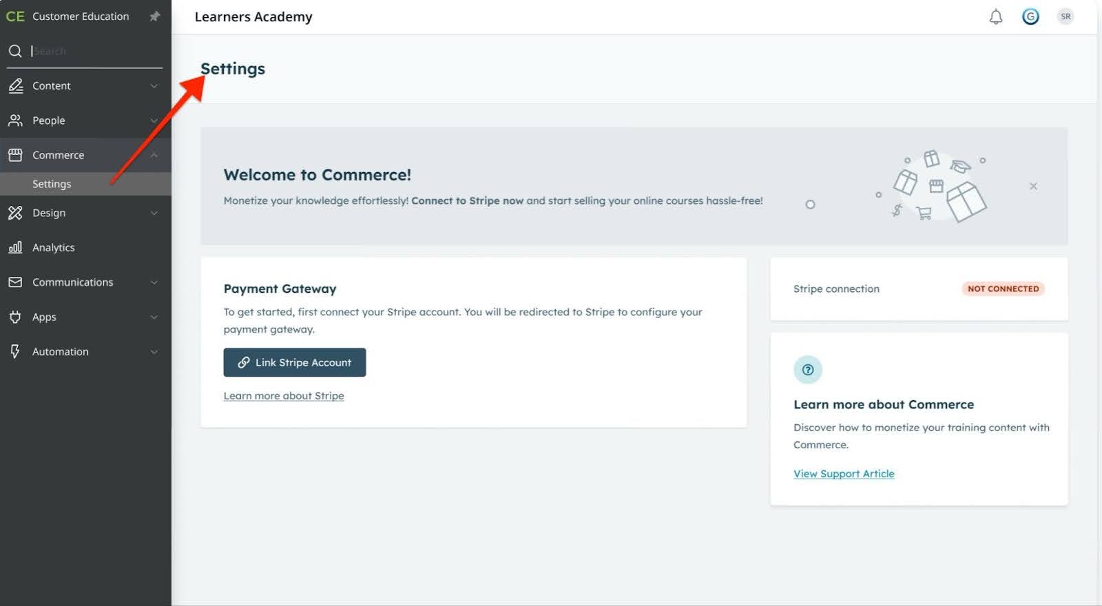 Settings page in Learners Academy showing the Commerce section with a prompt to connect a Stripe account for the payment gateway.