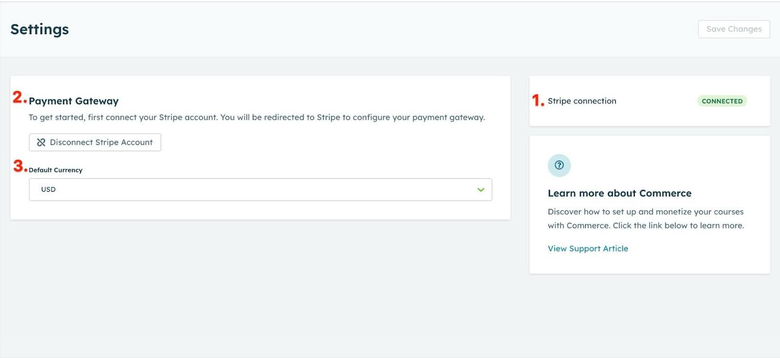 Settings page after linking a Stripe account in Learners Academy.