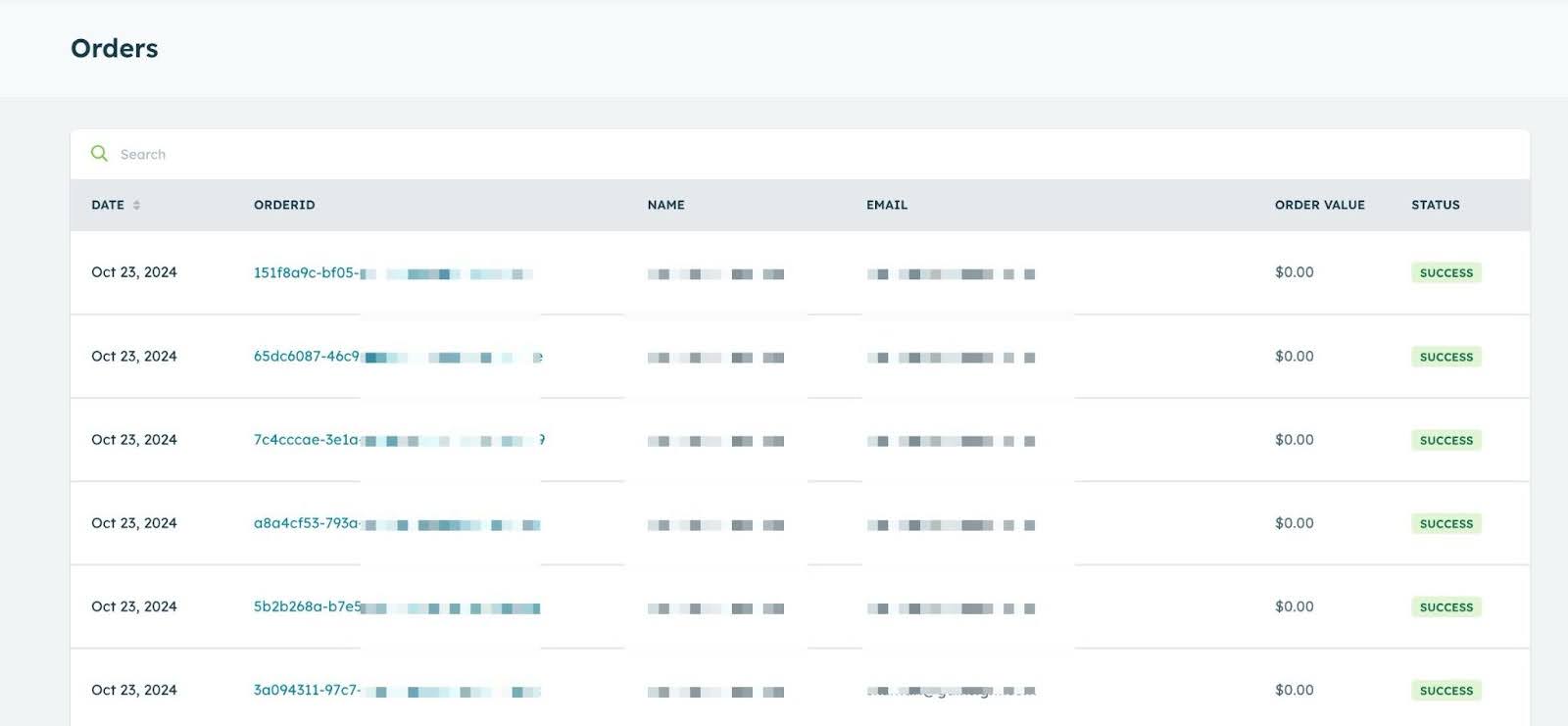 Orders page displaying a list of orders with details such as order date, order ID, customer name, email, order value, and status.