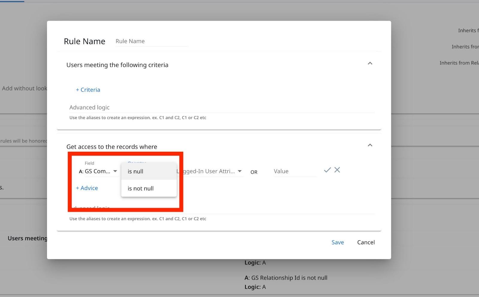 Rule configuration window showing 'is null' and 'is not null' options for field access criteria