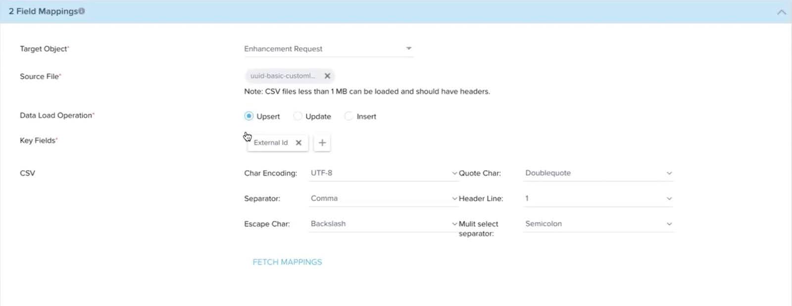 Field Mapping screen showing target object, source file selection, data load operation options (upsert, update, insert), and CSV file configuration settings