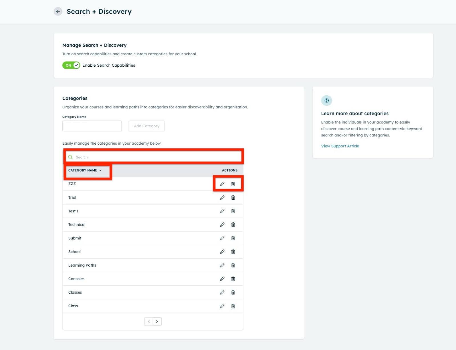 Search and Discovery screen showing category names with actions to edit or delete, and the search bar for managing categories