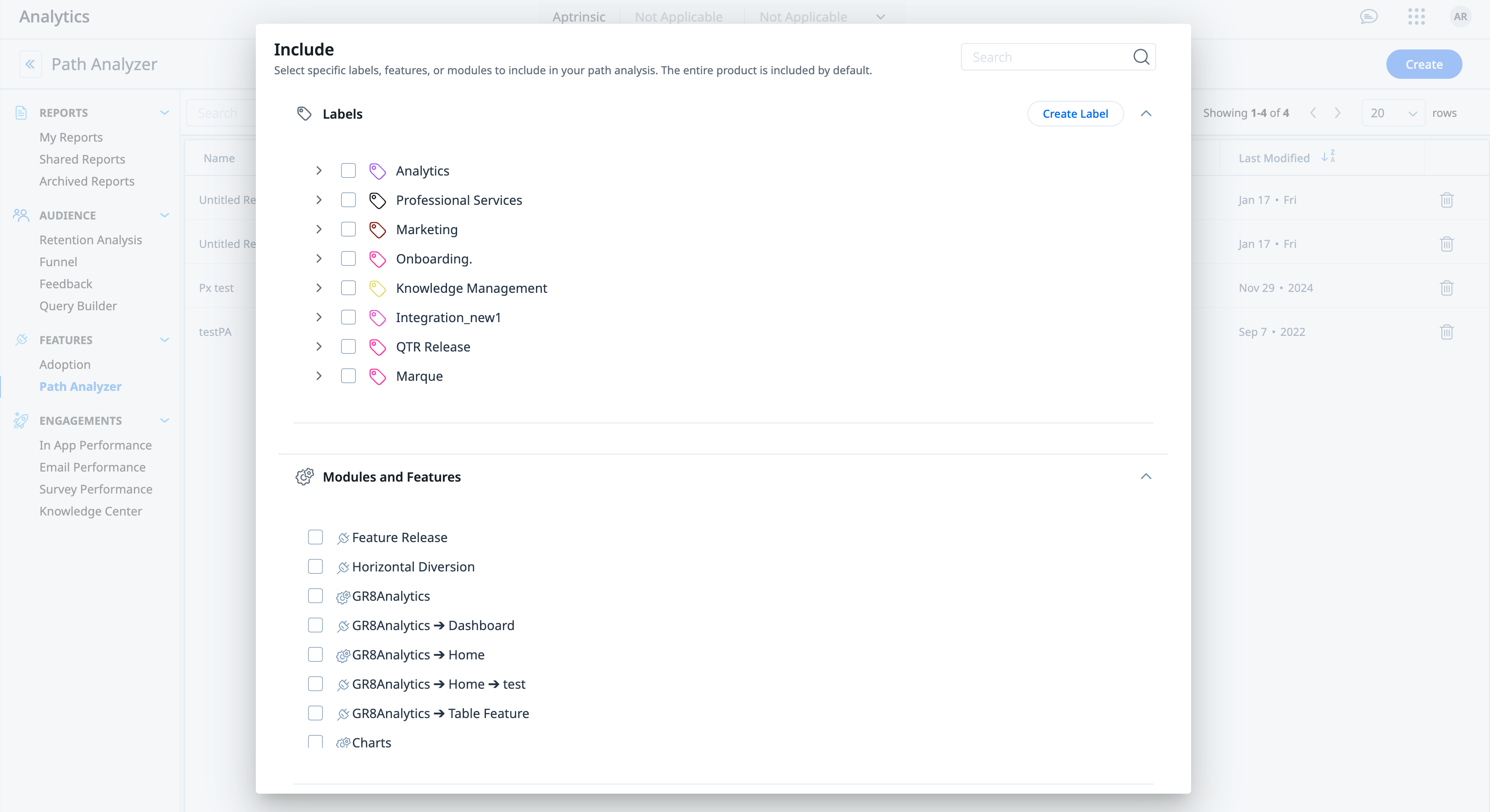 Screenshot of the Include window, with labels and modules accordion expanded.