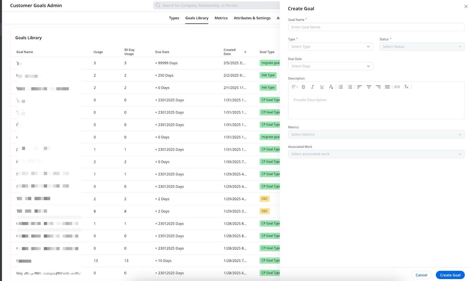 Creating a new goal with various attributes like type, status, due date, description, and metrics.