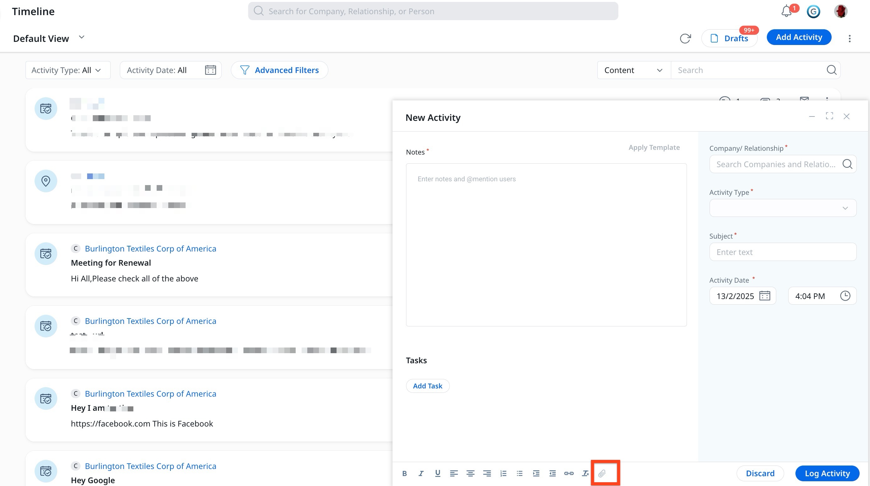 Existing attachment option in Activity Composer of Timeline.