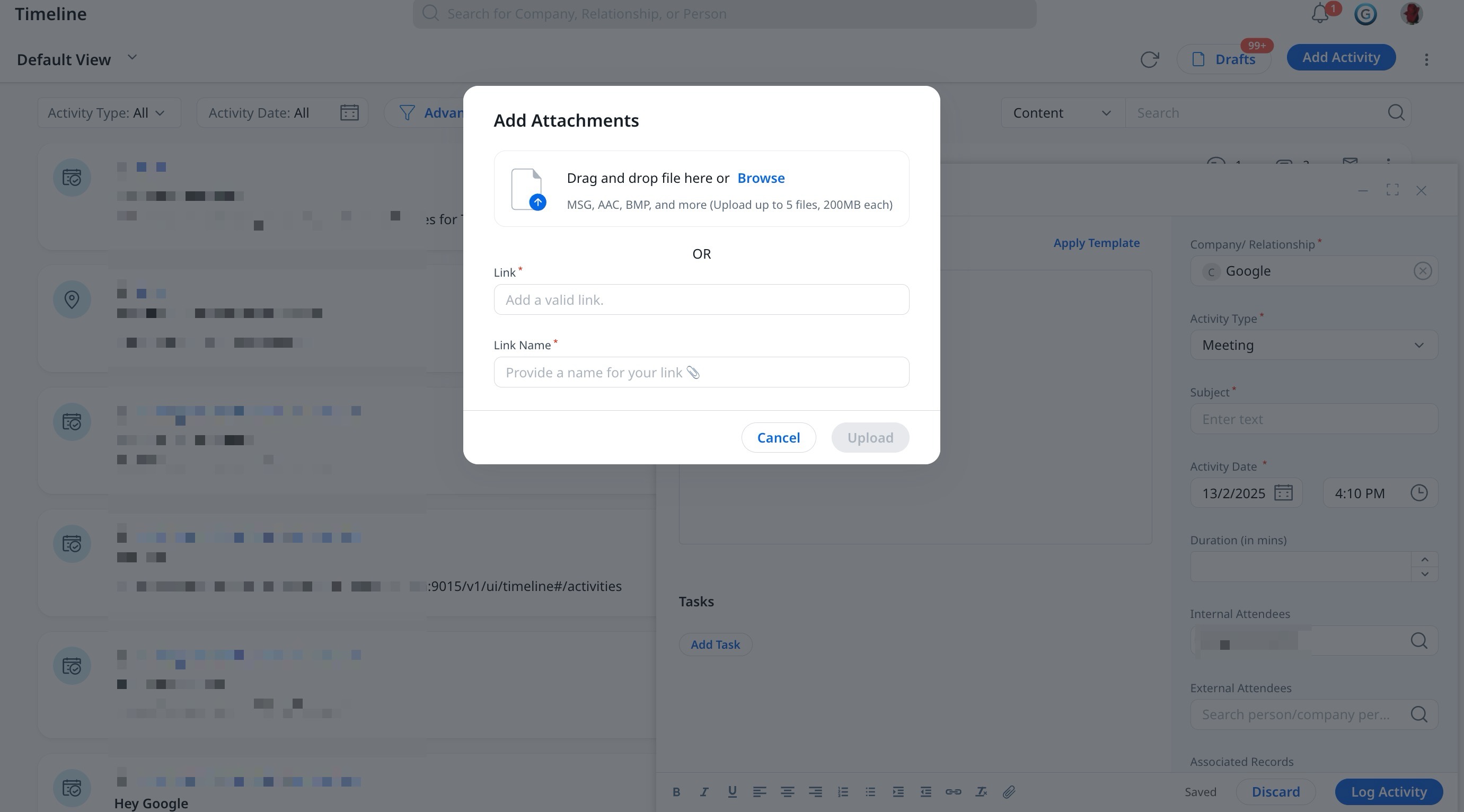 Add Attachments dialog box to upload attachments or links to the timeline activity