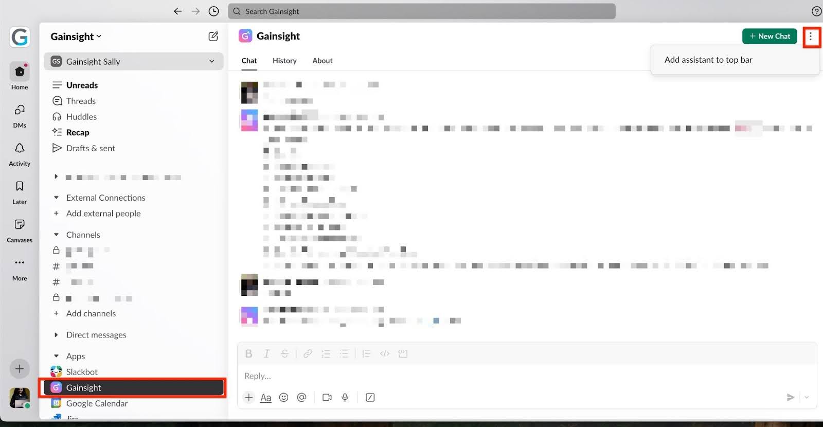 Slack interface showing the Gainsight app with an option to add it to the top bar