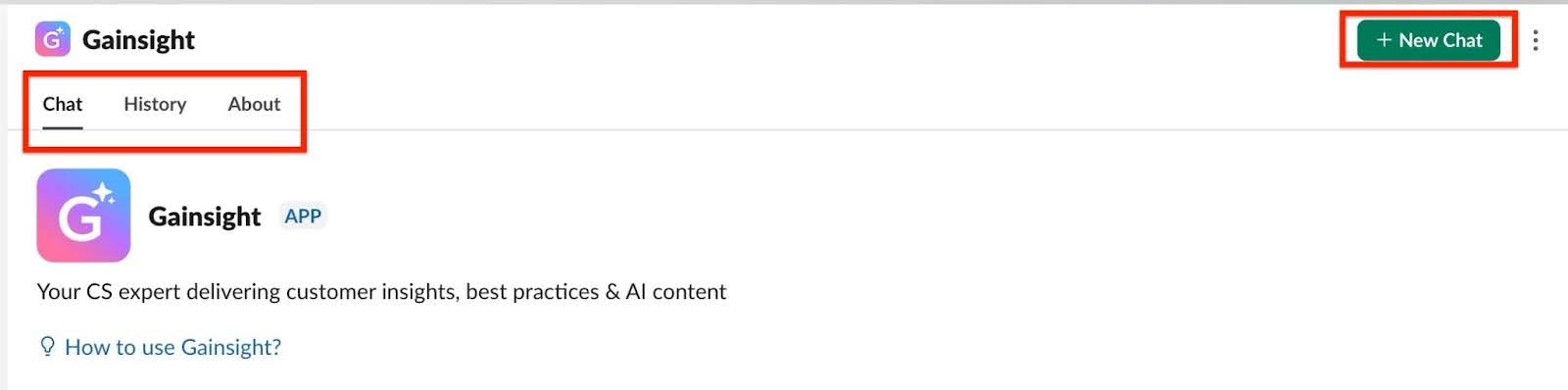 Gainsight app chat window displaying key features and functionality