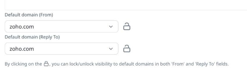 Email configuration screen showing dropdowns for selecting default 'From' and 'Reply To' domains with lock icons to control visibility
