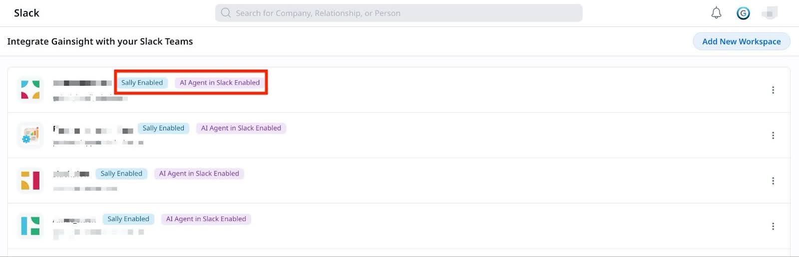 Viewing visibility settings for different users or workspaces within the Gainsight integration with Slack