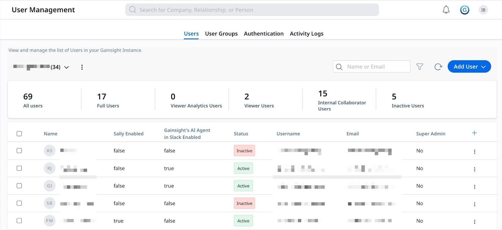 User management interface in Gainsight, displaying user details, statuses, and roles.