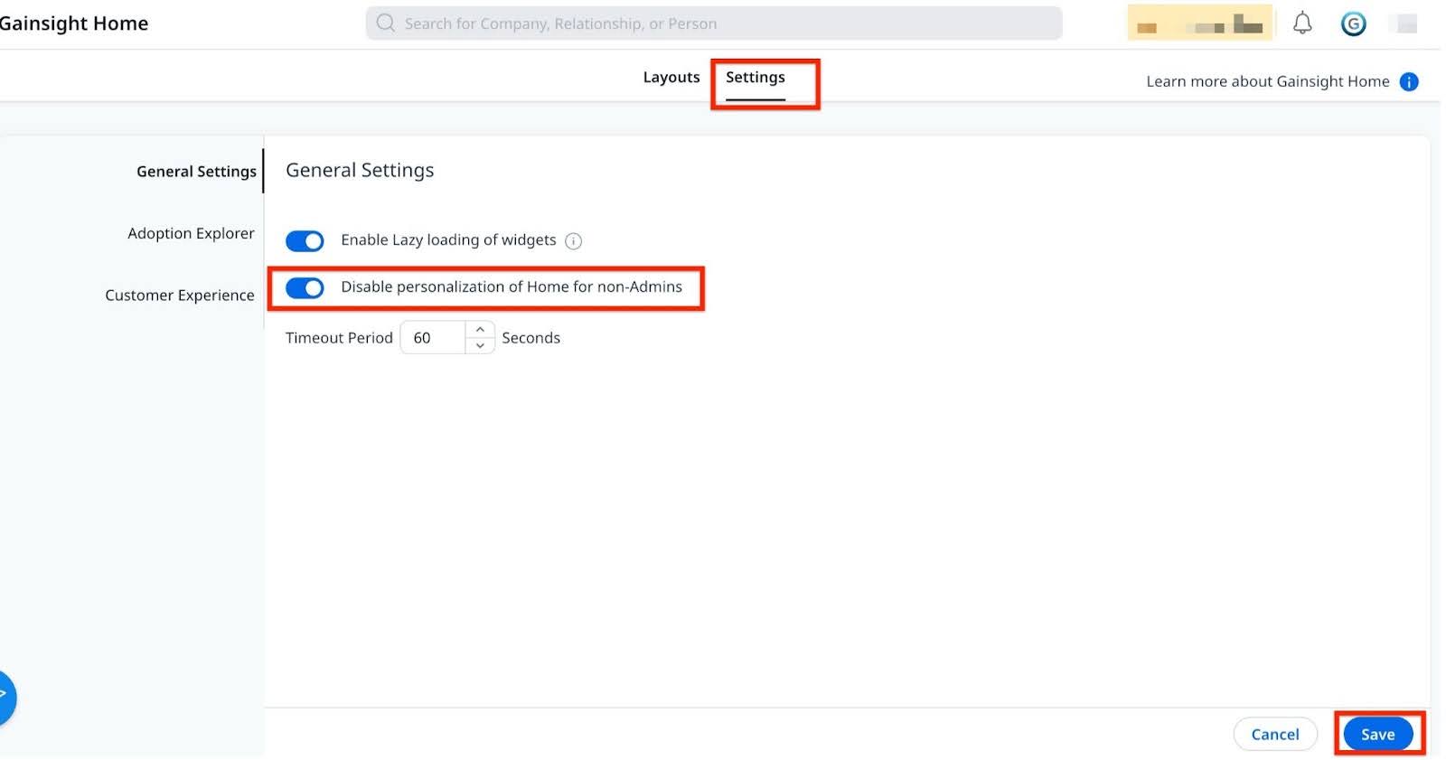 Configuring personalized settings to modify how data is presented and displayed in the Gainsight dashboard