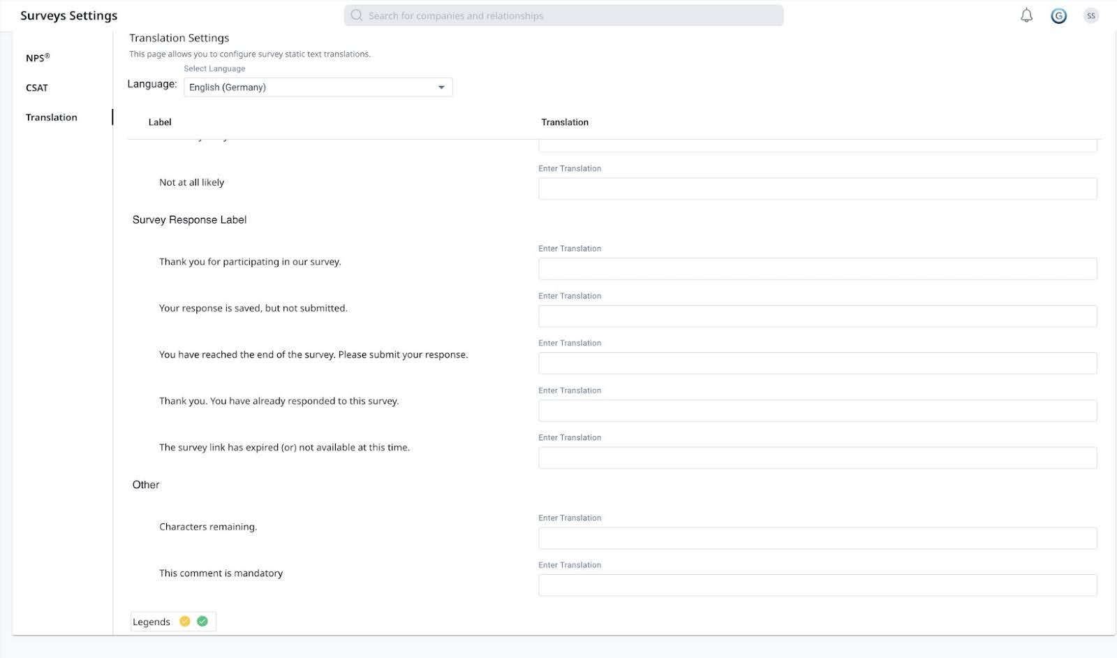 Survey settings screen displaying available options under the Translation section