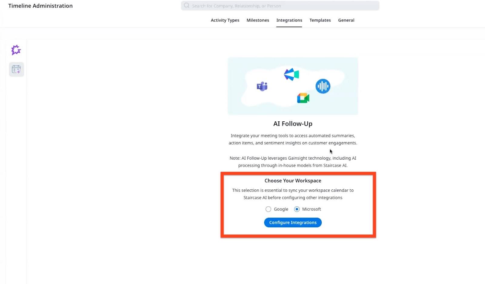 Choose your workspace option on Integration tab