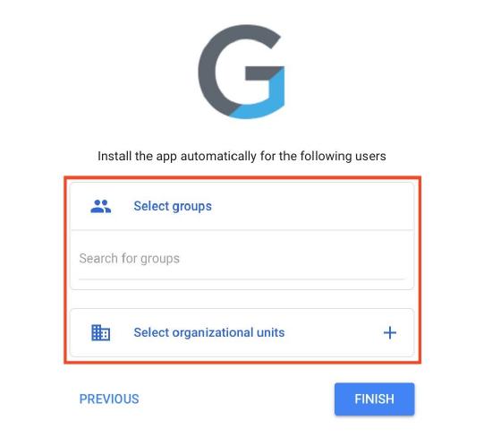 The user selects a group from the "Search for groups" dropdown and clicks the "Finish" button to complete the group selection process.