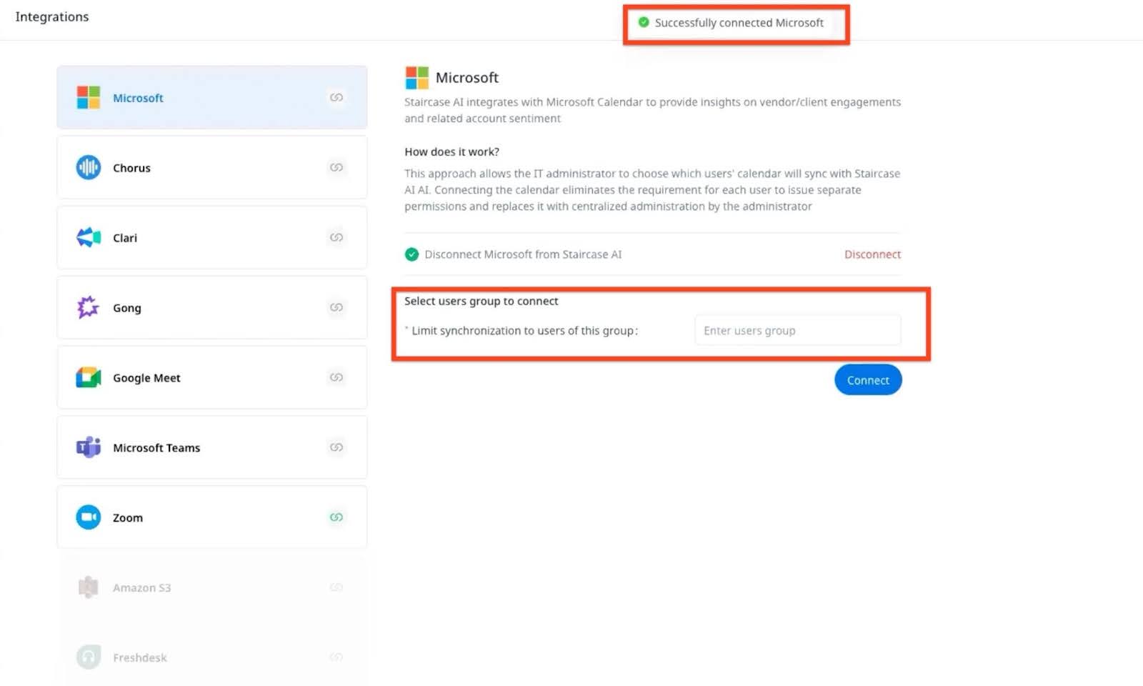Success message on successful connection of Microsoft 