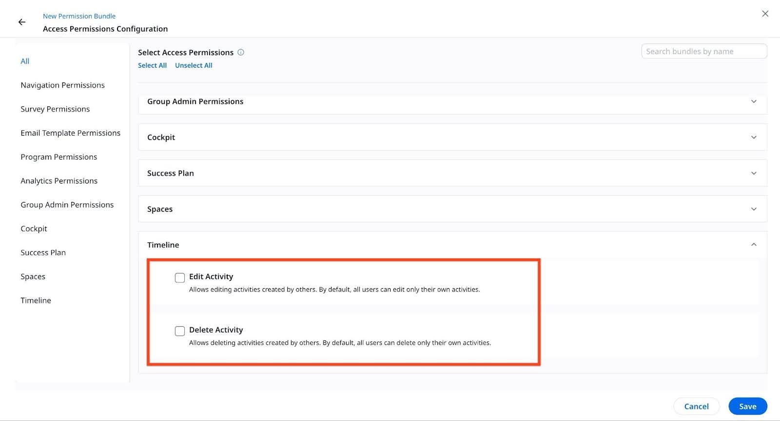 Timeline section with Edit and Delete activity checkboxes