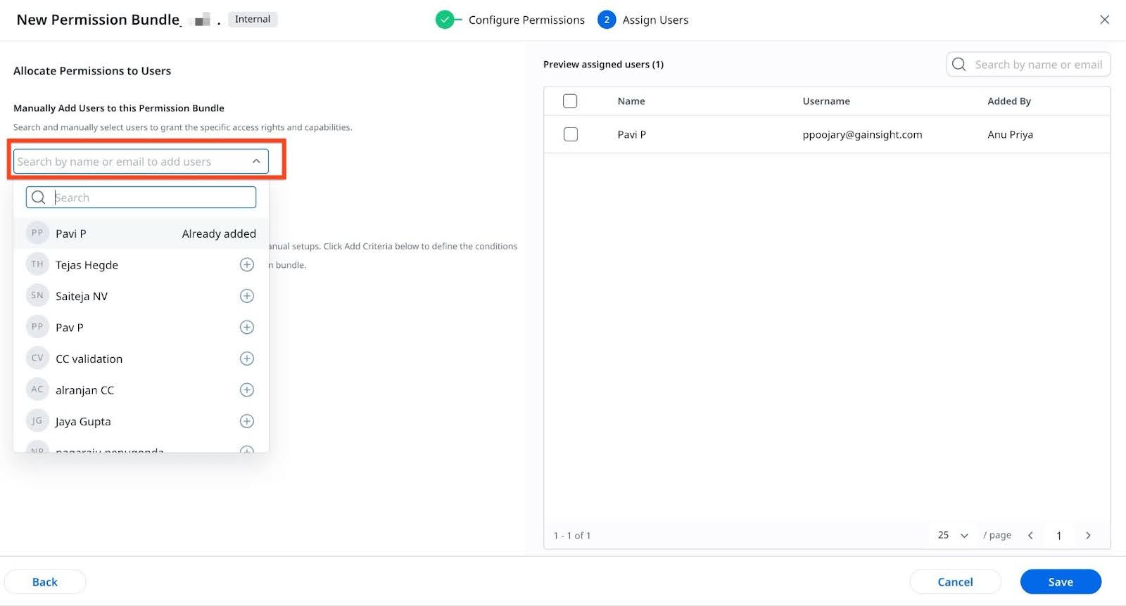 Manually add users in the new permission bundle screen